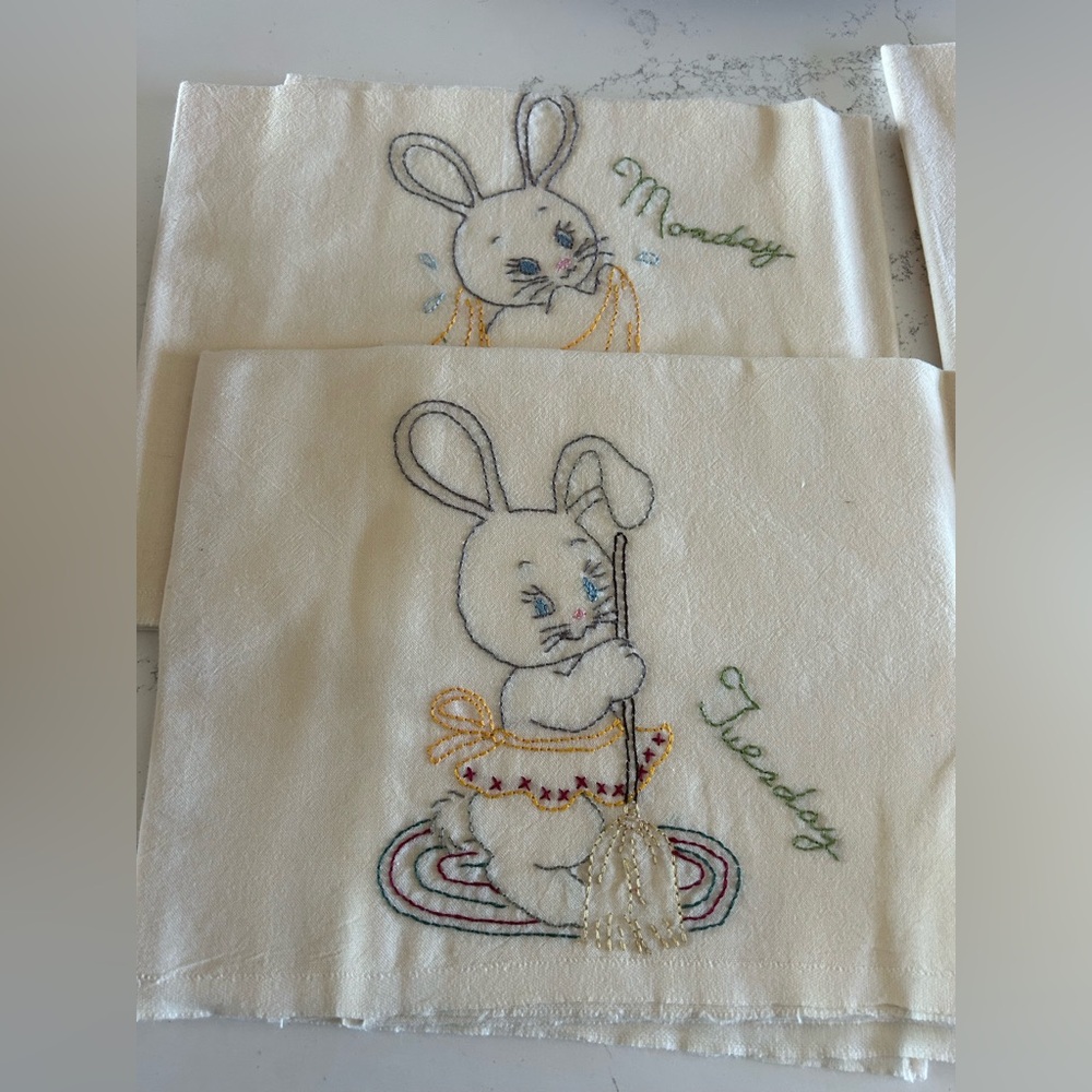Embroidered Bunny Days of the week Tea Towels